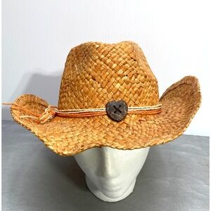 Tropical Trends Heart Button Straw Sun Beach Garden Hat‎ One Size Light Brown